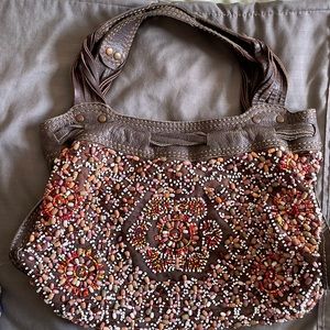 Lucky Brand Multi-Color Beaded And Leather Bohemian  Shoulder Bag Purse